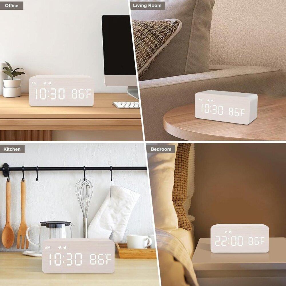 Digital Wooden Alarm Clock with Wireless Charging, 0-100% Dimmer, Dual Alarm, We - Picture 7 of 8